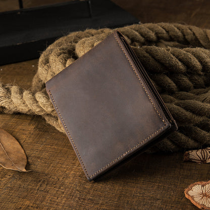 メンズ短財布 牛皮本革製 クレイジー・ホース オリジナル 手作業 レトロ 韩国ファッション男性用ウォレット
