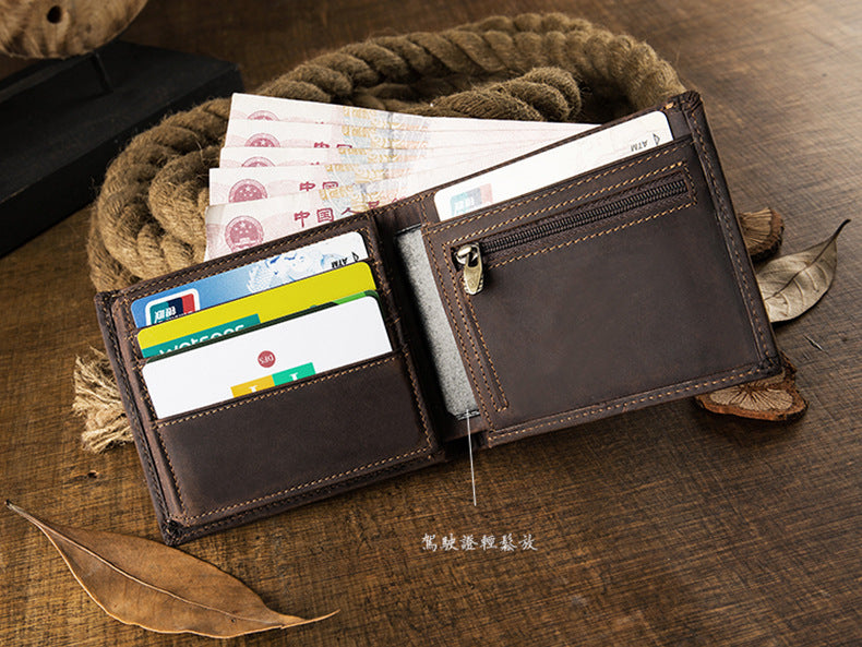 メンズ短財布 牛皮本革製 クレイジー・ホース オリジナル 手作業 レトロ 韩国ファッション男性用ウォレット