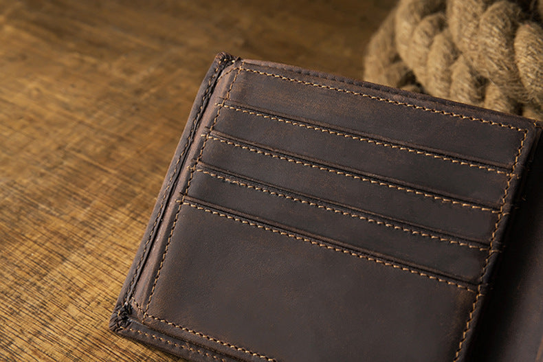 メンズ短財布 牛皮本革製 クレイジー・ホース オリジナル 手作業 レトロ 韩国ファッション男性用ウォレット