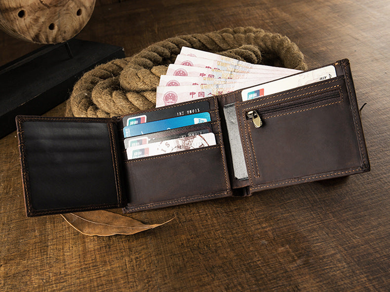 メンズ短財布 牛皮本革製 クレイジー・ホース オリジナル 手作業 レトロ 韩国ファッション男性用ウォレット