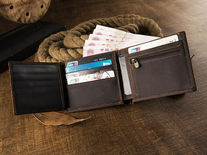 メンズ短財布 牛皮本革製 クレイジー・ホース オリジナル 手作業 レトロ 韩国ファッション男性用ウォレット