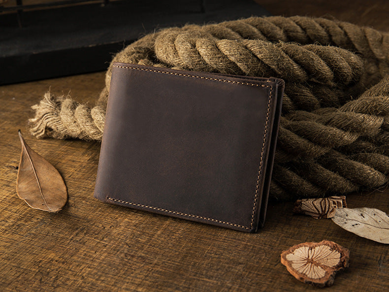 メンズ短財布 牛皮本革製 クレイジー・ホース オリジナル 手作業 レトロ 韩国ファッション男性用ウォレット
