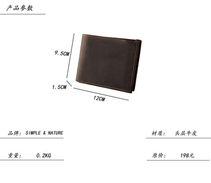 メンズ短財布 牛皮本革製 クレイジー・ホース オリジナル 手作業 レトロ 韩国ファッション男性用ウォレット