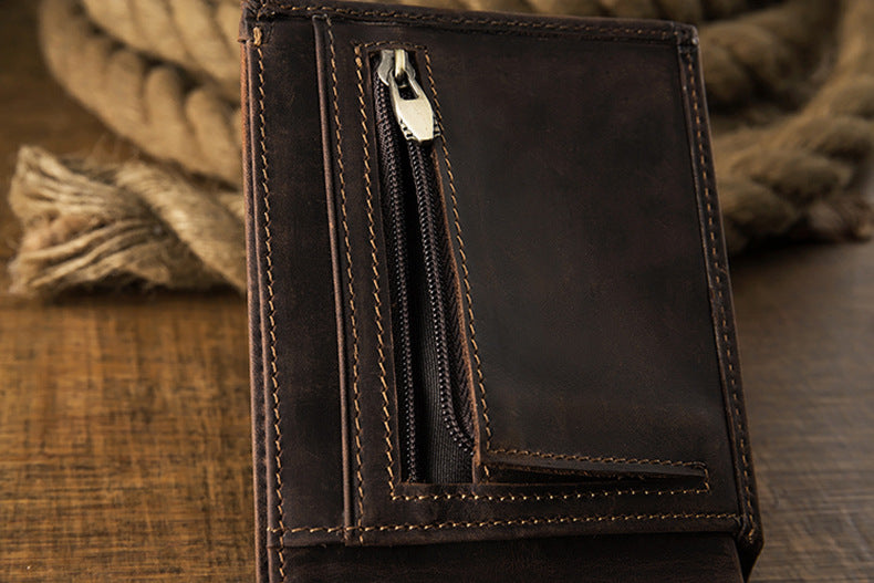 メンズ短財布 牛皮本革製 クレイジー・ホース オリジナル 手作業 レトロ 韩国ファッション男性用ウォレット