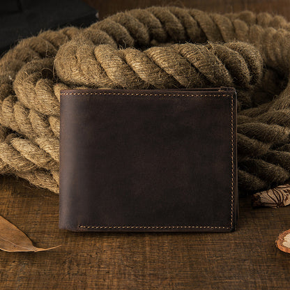 メンズ短財布 牛皮本革製 クレイジー・ホース オリジナル 手作業 レトロ 韩国ファッション男性用ウォレット