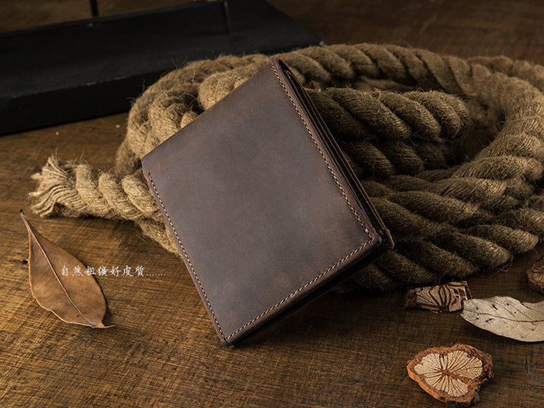 メンズ短財布 牛皮本革製 クレイジー・ホース オリジナル 手作業 レトロ 韩国ファッション男性用ウォレット