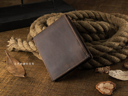 メンズ短財布 牛皮本革製 クレイジー・ホース オリジナル 手作業 レトロ 韩国ファッション男性用ウォレット