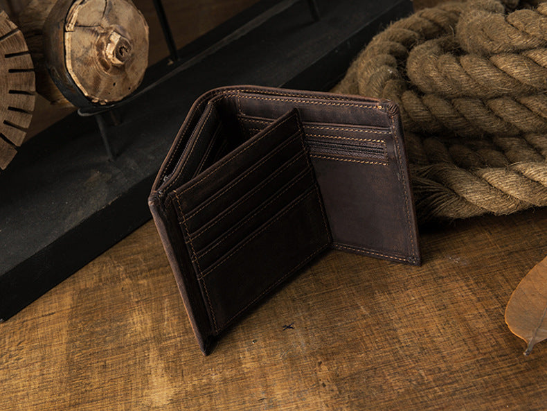 メンズ短財布 牛皮本革製 クレイジー・ホース オリジナル 手作業 レトロ 韩国ファッション男性用ウォレット