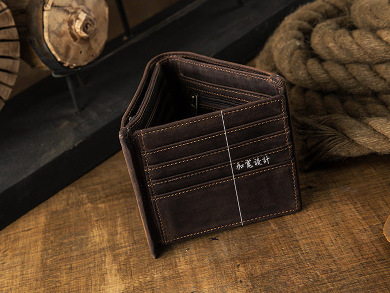 メンズ短財布 牛皮本革製 クレイジー・ホース オリジナル 手作業 レトロ 韩国ファッション男性用ウォレット