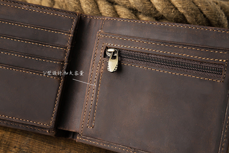 メンズ短財布 牛皮本革製 クレイジー・ホース オリジナル 手作業 レトロ 韩国ファッション男性用ウォレット