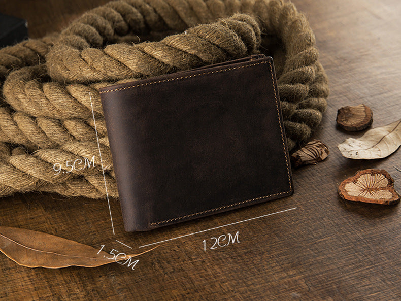 メンズ短財布 牛皮本革製 クレイジー・ホース オリジナル 手作業 レトロ 韩国ファッション男性用ウォレット