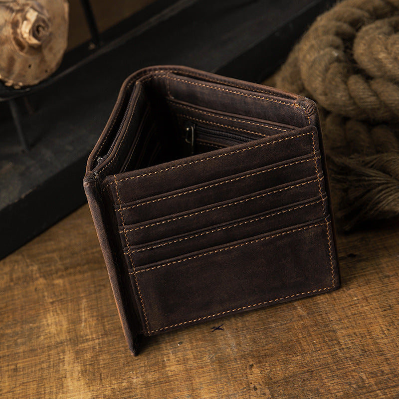 メンズ短財布 牛皮本革製 クレイジー・ホース オリジナル 手作業 レトロ 韩国ファッション男性用ウォレット