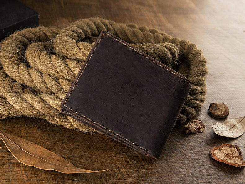 メンズ短財布 牛皮本革製 クレイジー・ホース オリジナル 手作業 レトロ 韩国ファッション男性用ウォレット