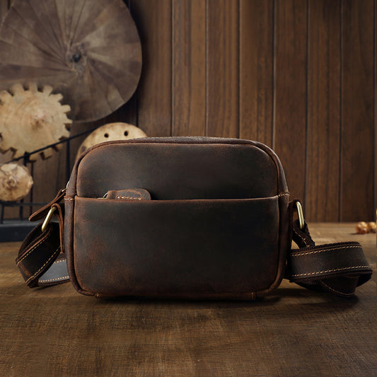 メンズショルダーバッグ 牛革本革製クレイジー・ホース手作りオリジナルカジュアルレトロ男性用斜めがけバッグ