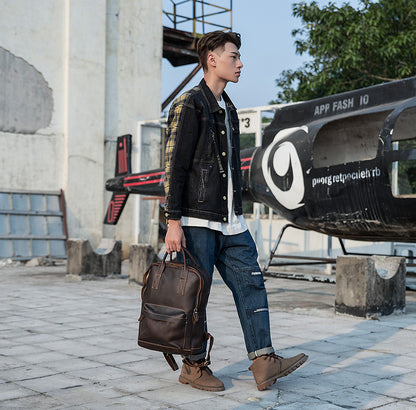 メンズリュックサック手作り牛革本革製ビジネスカジュアルハンドバッグ韩国ファッション大容量男性用旅行かばん