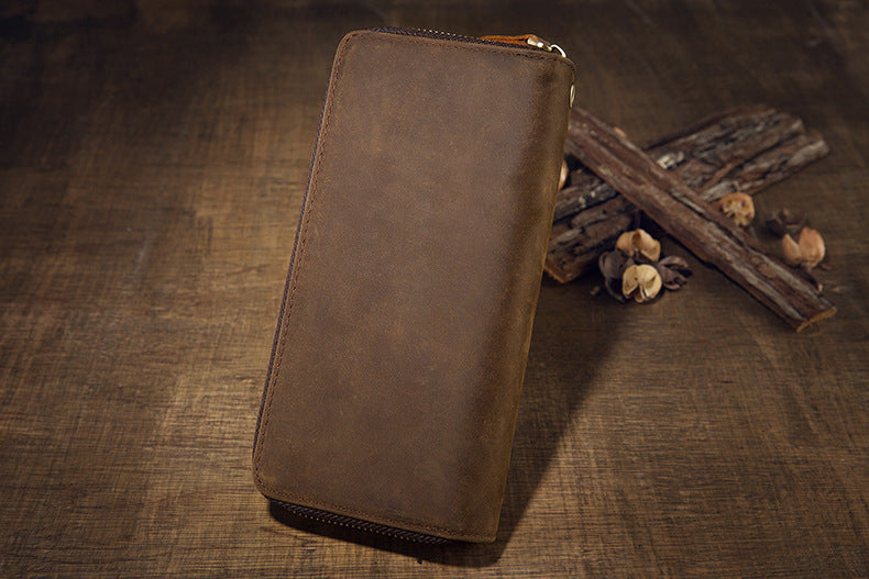 メンズ長財布オリジナルクレイジー・ホース牛革本革製ダブルファスナーカード入れ大容量レトロ男性用クラッチバッグハンドバッグ