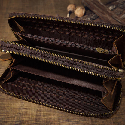 メンズ長財布オリジナルクレイジー・ホース牛革本革製ダブルファスナーカード入れ大容量レトロ男性用クラッチバッグハンドバッグ