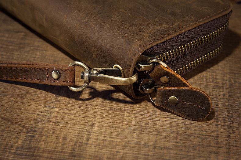 メンズ長財布オリジナルクレイジー・ホース牛革本革製ダブルファスナーカード入れ大容量レトロ男性用クラッチバッグハンドバッグ