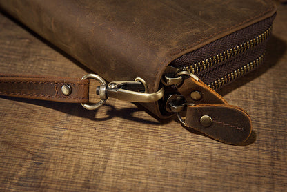 メンズ長財布オリジナルクレイジー・ホース牛革本革製ダブルファスナーカード入れ大容量レトロ男性用クラッチバッグハンドバッグ