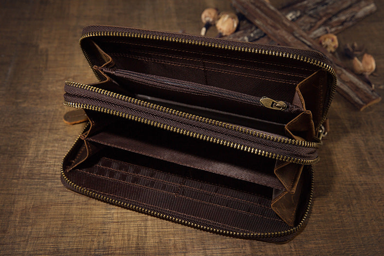 メンズ長財布オリジナルクレイジー・ホース牛革本革製ダブルファスナーカード入れ大容量レトロ男性用クラッチバッグハンドバッグ