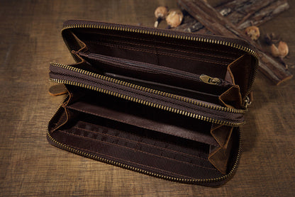 メンズ長財布オリジナルクレイジー・ホース牛革本革製ダブルファスナーカード入れ大容量レトロ男性用クラッチバッグハンドバッグ