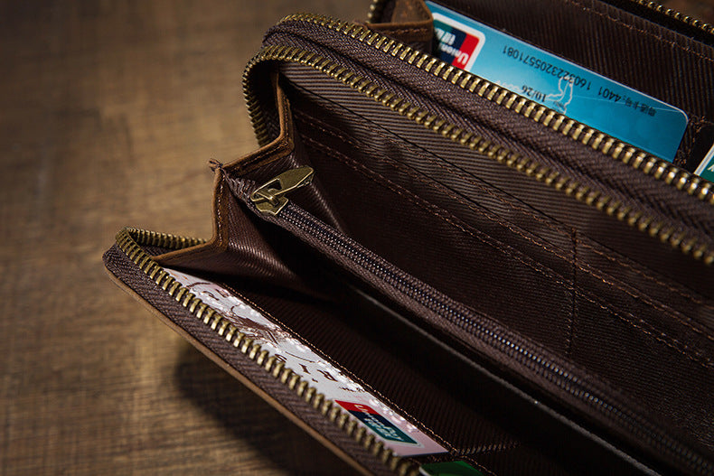 メンズ長財布オリジナルクレイジー・ホース牛革本革製ダブルファスナーカード入れ大容量レトロ男性用クラッチバッグハンドバッグ