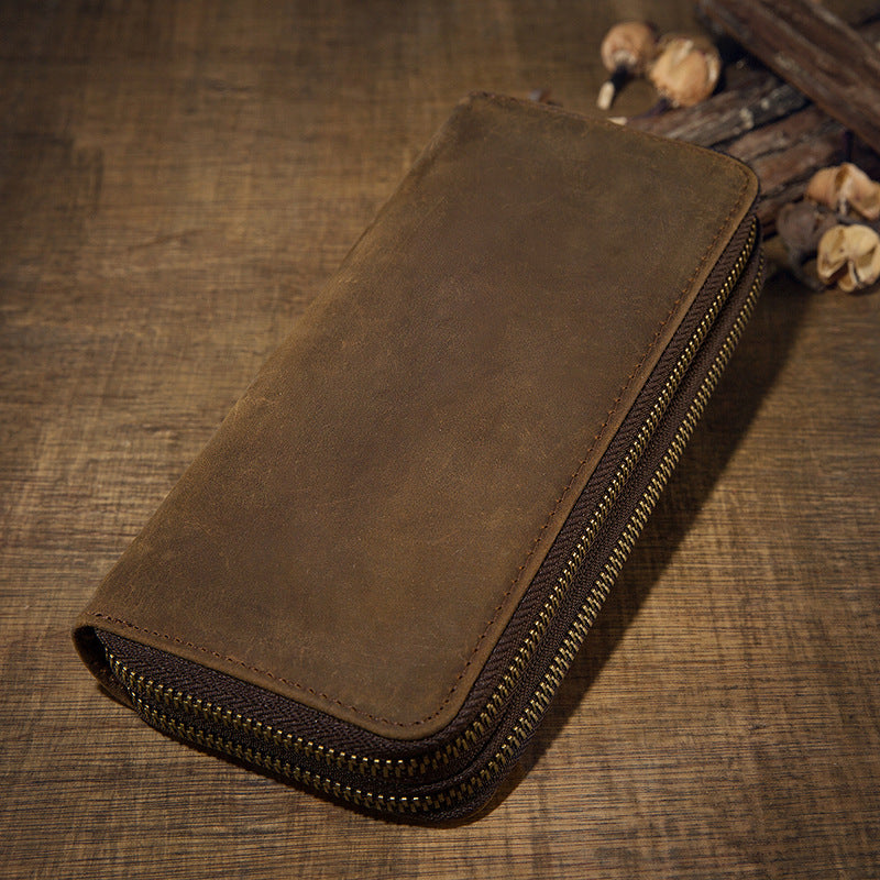 メンズ長財布オリジナルクレイジー・ホース牛革本革製ダブルファスナーカード入れ大容量レトロ男性用クラッチバッグハンドバッグ