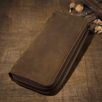 メンズ長財布オリジナルクレイジー・ホース牛革本革製ダブルファスナーカード入れ大容量レトロ男性用クラッチバッグハンドバッグ