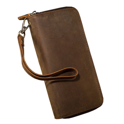 メンズ長財布オリジナルクレイジー・ホース牛革本革製ダブルファスナーカード入れ大容量レトロ男性用クラッチバッグハンドバッグ