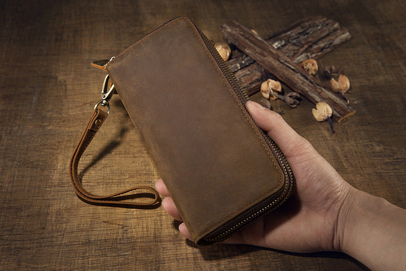 メンズ長財布オリジナルクレイジー・ホース牛革本革製ダブルファスナーカード入れ大容量レトロ男性用クラッチバッグハンドバッグ