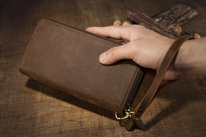 メンズ長財布オリジナルクレイジー・ホース牛革本革製ダブルファスナーカード入れ大容量レトロ男性用クラッチバッグハンドバッグ