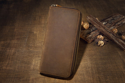 メンズ長財布オリジナルクレイジー・ホース牛革本革製ダブルファスナーカード入れ大容量レトロ男性用クラッチバッグハンドバッグ