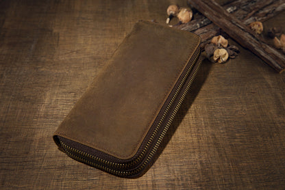 メンズ長財布オリジナルクレイジー・ホース牛革本革製ダブルファスナーカード入れ大容量レトロ男性用クラッチバッグハンドバッグ