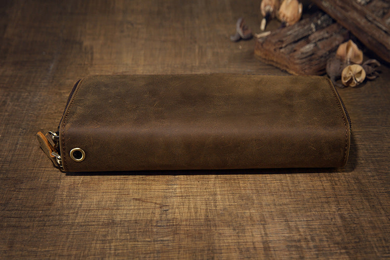 メンズ長財布オリジナルクレイジー・ホース牛革本革製ダブルファスナーカード入れ大容量レトロ男性用クラッチバッグハンドバッグ