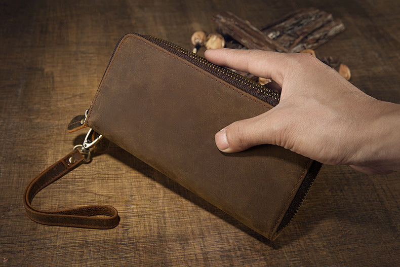 メンズ長財布オリジナルクレイジー・ホース牛革本革製ダブルファスナーカード入れ大容量レトロ男性用クラッチバッグハンドバッグ