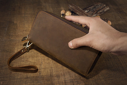 メンズ長財布オリジナルクレイジー・ホース牛革本革製ダブルファスナーカード入れ大容量レトロ男性用クラッチバッグハンドバッグ