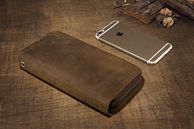 メンズ長財布オリジナルクレイジー・ホース牛革本革製ダブルファスナーカード入れ大容量レトロ男性用クラッチバッグハンドバッグ