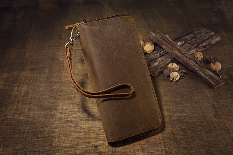 メンズ長財布オリジナルクレイジー・ホース牛革本革製ダブルファスナーカード入れ大容量レトロ男性用クラッチバッグハンドバッグ