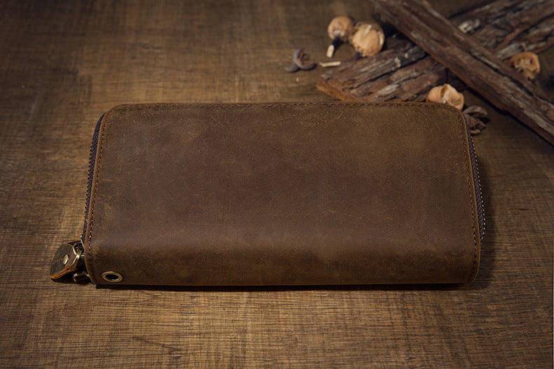 メンズ長財布オリジナルクレイジー・ホース牛革本革製ダブルファスナーカード入れ大容量レトロ男性用クラッチバッグハンドバッグ