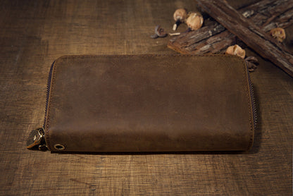 メンズ長財布オリジナルクレイジー・ホース牛革本革製ダブルファスナーカード入れ大容量レトロ男性用クラッチバッグハンドバッグ