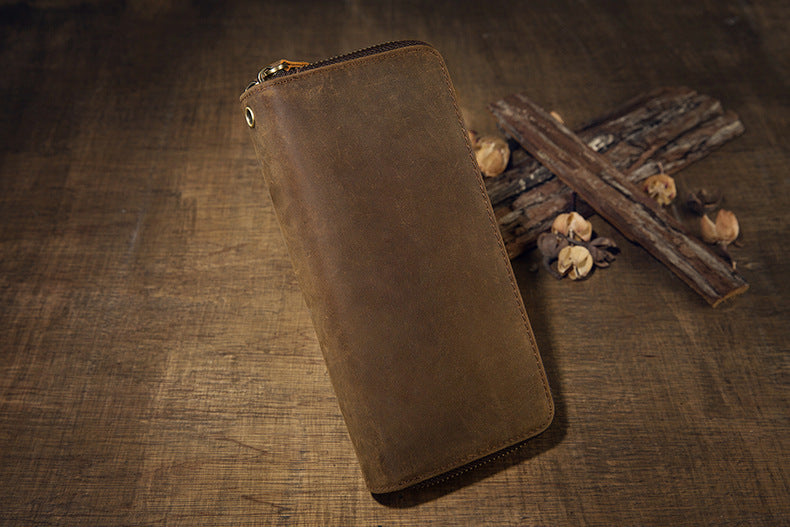 メンズ長財布オリジナルクレイジー・ホース牛革本革製ダブルファスナーカード入れ大容量レトロ男性用クラッチバッグハンドバッグ