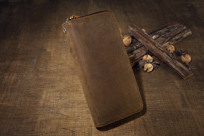 メンズ長財布オリジナルクレイジー・ホース牛革本革製ダブルファスナーカード入れ大容量レトロ男性用クラッチバッグハンドバッグ