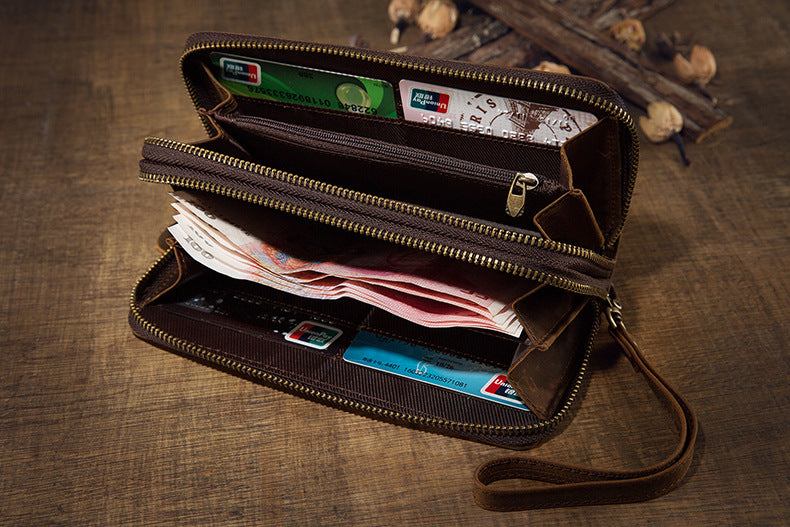 メンズ長財布オリジナルクレイジー・ホース牛革本革製ダブルファスナーカード入れ大容量レトロ男性用クラッチバッグハンドバッグ