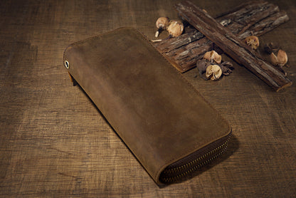 メンズ長財布オリジナルクレイジー・ホース牛革本革製ダブルファスナーカード入れ大容量レトロ男性用クラッチバッグハンドバッグ