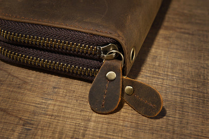 メンズ長財布オリジナルクレイジー・ホース牛革本革製ダブルファスナーカード入れ大容量レトロ男性用クラッチバッグハンドバッグ