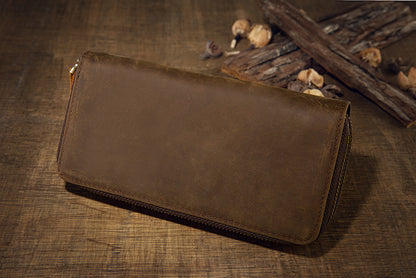 メンズ長財布オリジナルクレイジー・ホース牛革本革製ダブルファスナーカード入れ大容量レトロ男性用クラッチバッグハンドバッグ