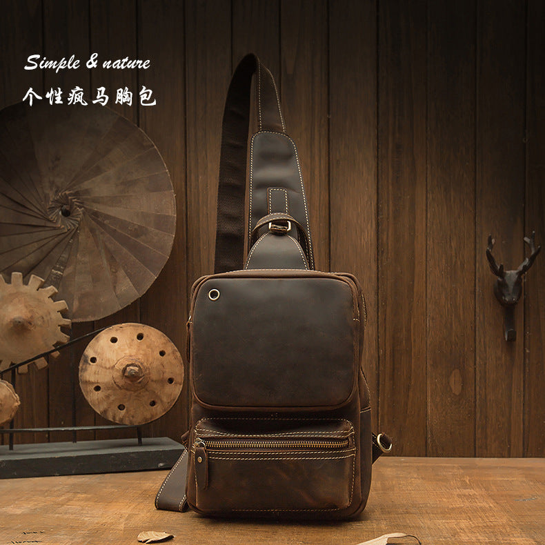 メンズバストバッグ 手作り 牛皮本革製 クレイジー・ホース レトロ ファッション 斜めがけショルダーバッグ