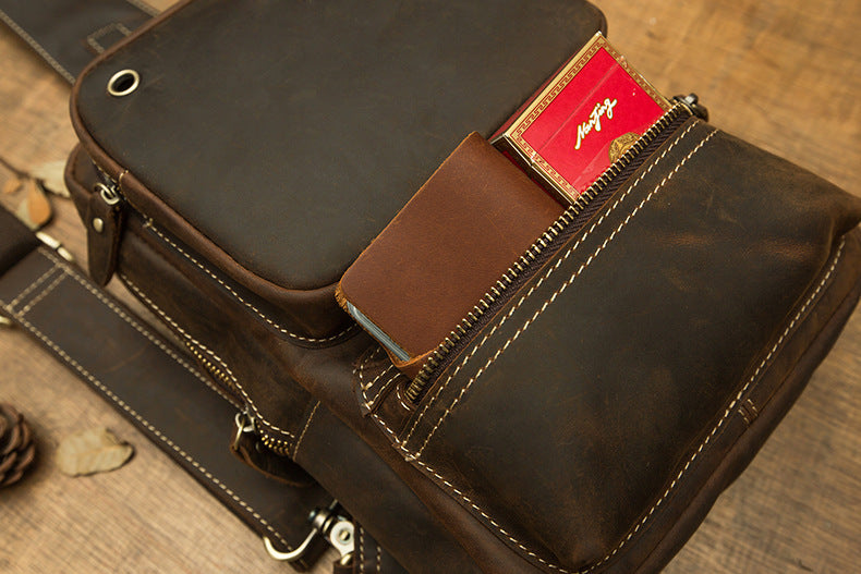 メンズバストバッグ 手作り 牛皮本革製 クレイジー・ホース レトロ ファッション 斜めがけショルダーバッグ