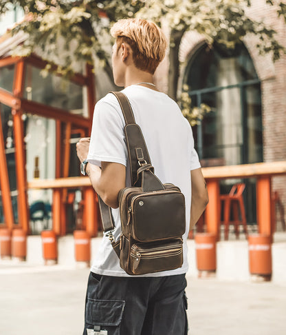 メンズバストバッグ 手作り 牛皮本革製 クレイジー・ホース レトロ ファッション 斜めがけショルダーバッグ