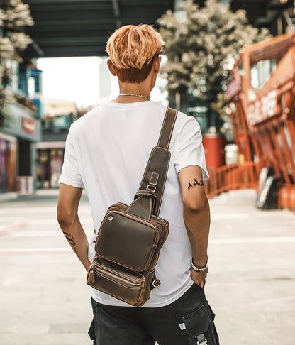 メンズバストバッグ 手作り 牛皮本革製 クレイジー・ホース レトロ ファッション 斜めがけショルダーバッグ